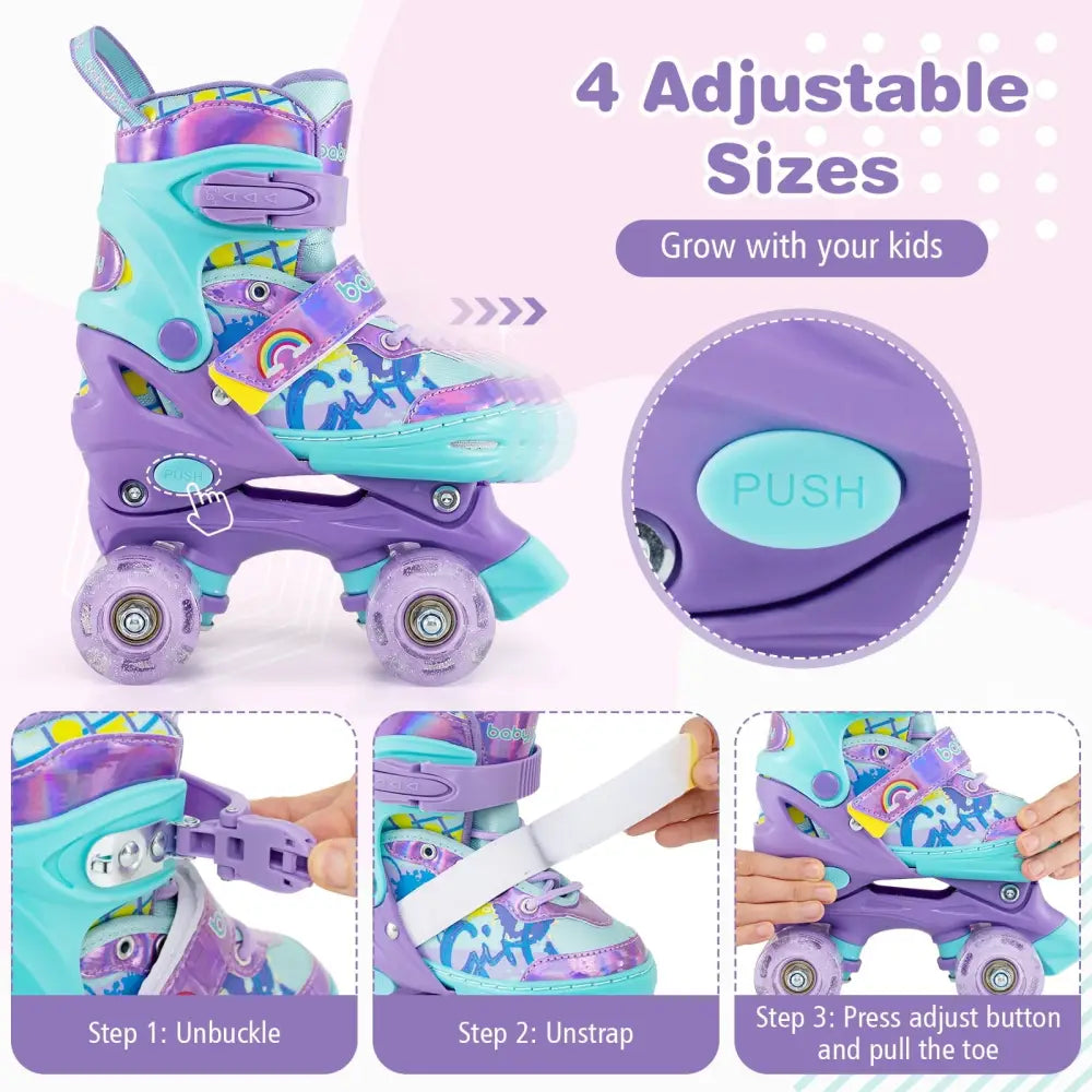 4 Sizes Adjustable Kids Roller Skates with Light-up Wheels and Safety Protection S Size-Purple - Purple - Toy Sports