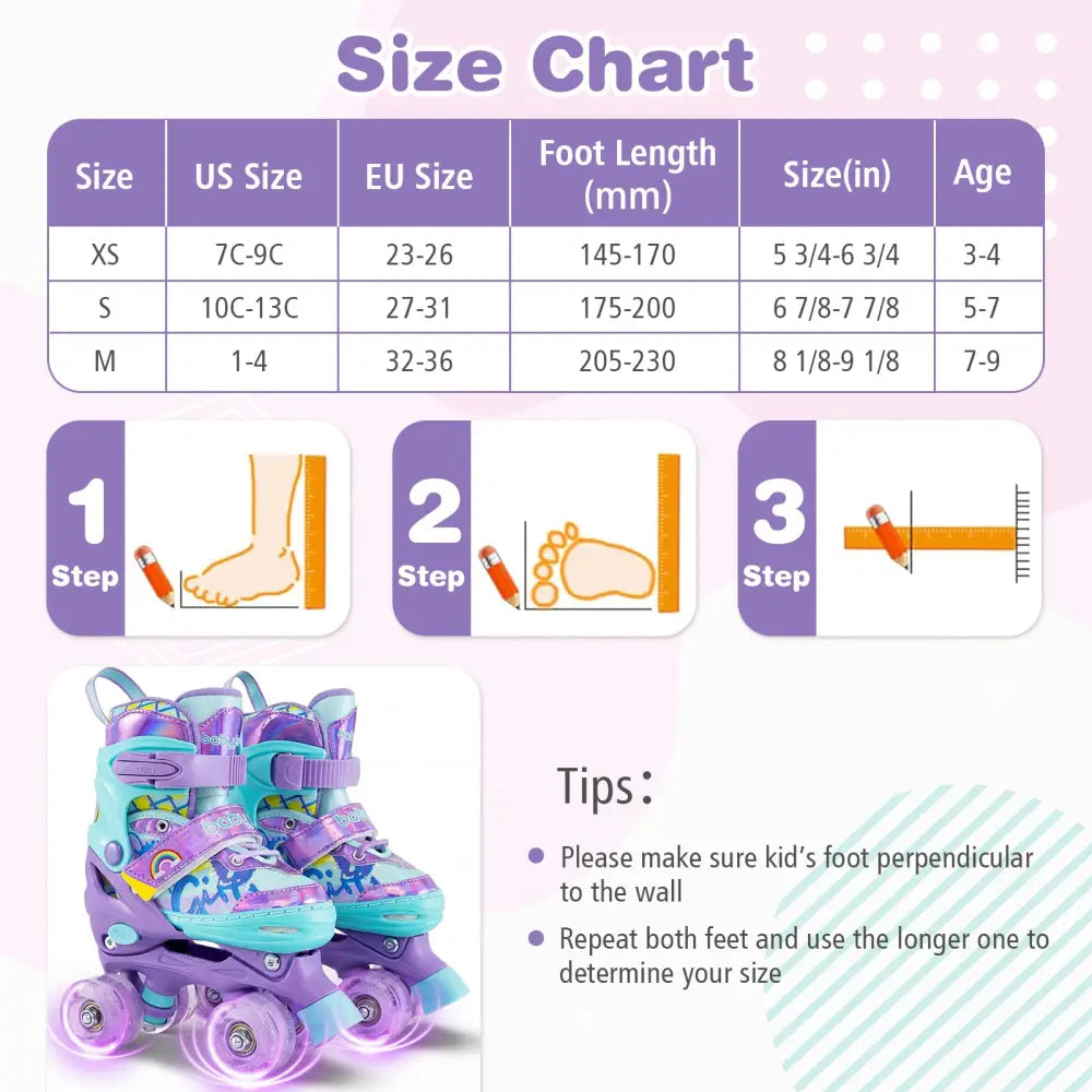 4 Sizes Adjustable Kids Roller Skates with Light-up Wheels and Safety Protection S Size-Purple - Purple - Toy Sports
