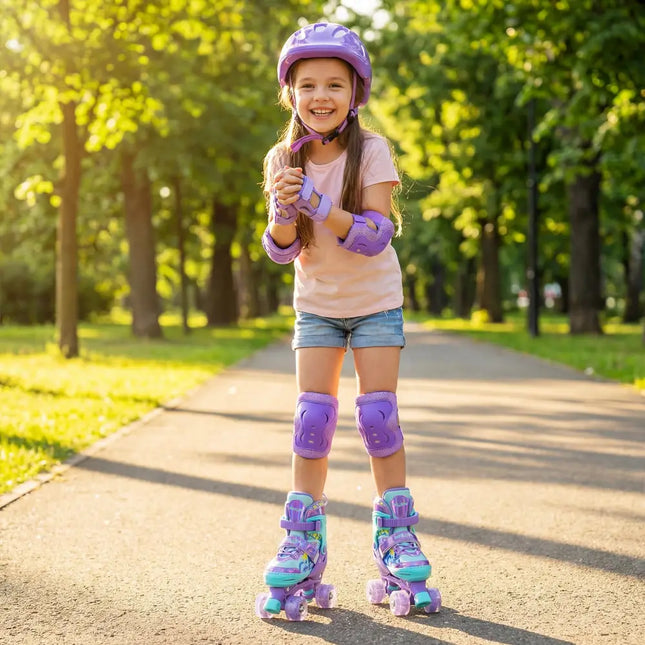 4 Sizes Adjustable Kids Roller Skates with Light-up Wheels and Safety Protection M Size-Purple - Purple - Toy Sports