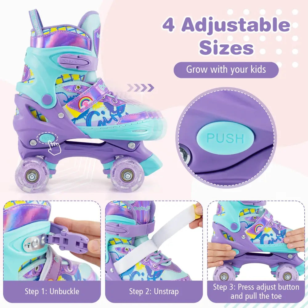4 Sizes Adjustable Kids Roller Skates with Light-up Wheels and Safety Protection M Size-Purple - Purple - Toy Sports