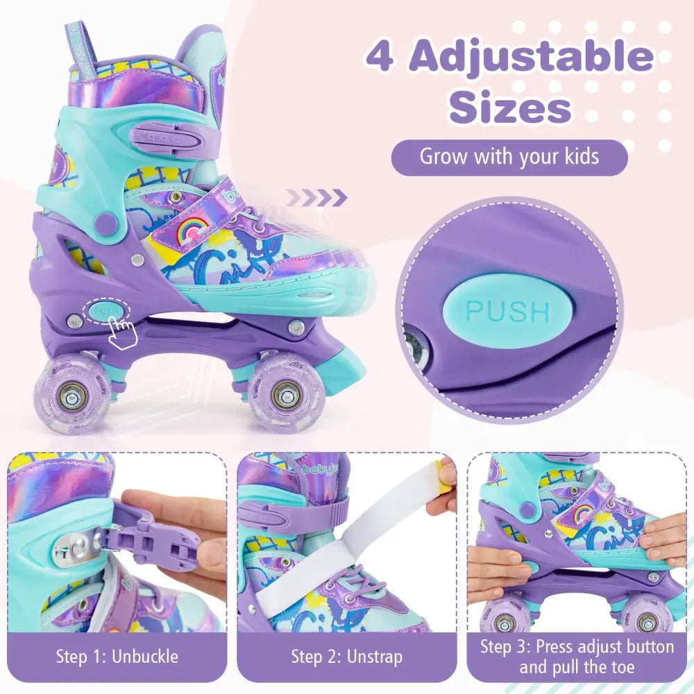 4 Sizes Adjustable Kids Roller Skates with Light-up Wheels and Safety Protection M Size-Purple - Purple - Toy Sports