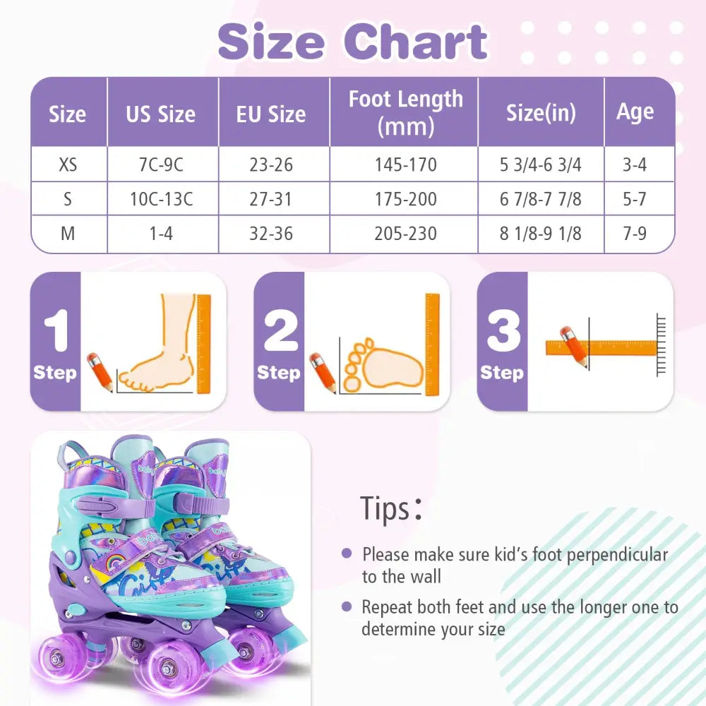 4 Sizes Adjustable Kids Roller Skates with Light-up Wheels and Safety Protection M Size-Purple - Purple - Toy Sports