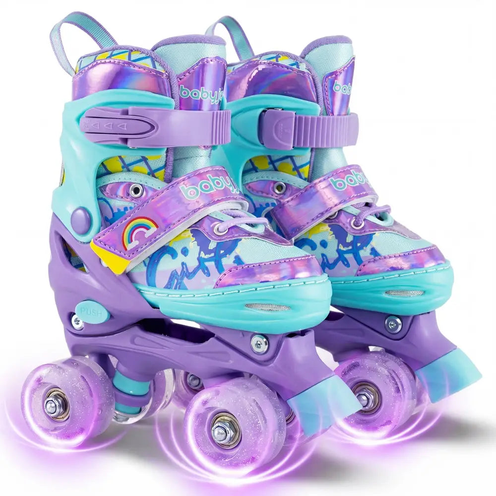 4 Sizes Adjustable Kids Roller Skates with Light-up Wheels and Safety Protection S Size-Purple - Purple - Toy Sports