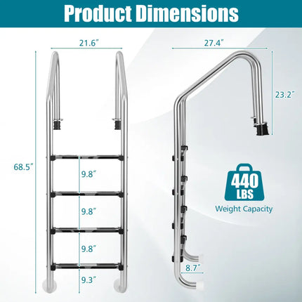 4-Step Inground Pool Ladder Stainless Steel Swimming Pool Ladder - Silver - Swimming Pools
