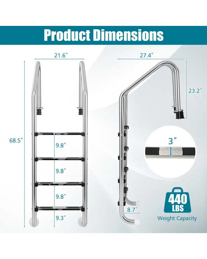 4-Step Inground Pool Ladder Stainless Steel Swimming Pool Ladder - Silver - Swimming Pools