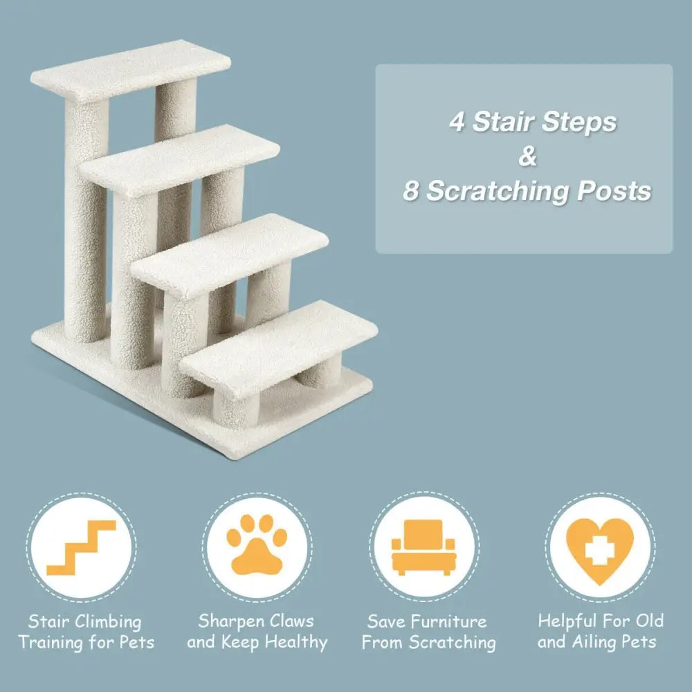 4-Step Pet Stairs Carpeted Ladder Ramp Scratching Post Cat Tree Climber - Beige - Cat Trees Condos & Scratchers