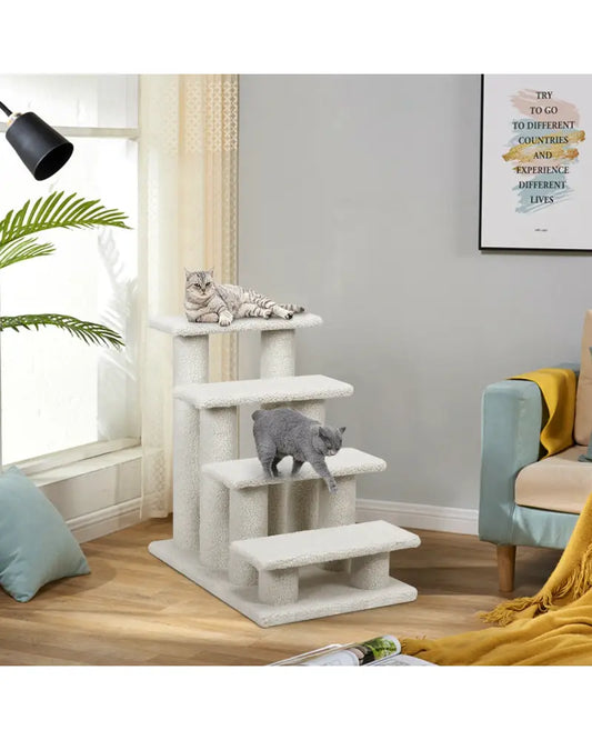 4-Step Pet Stairs Carpeted Ladder Ramp Scratching Post Cat Tree Climber-Beige - Beige - Cat Trees Condos & Scratchers