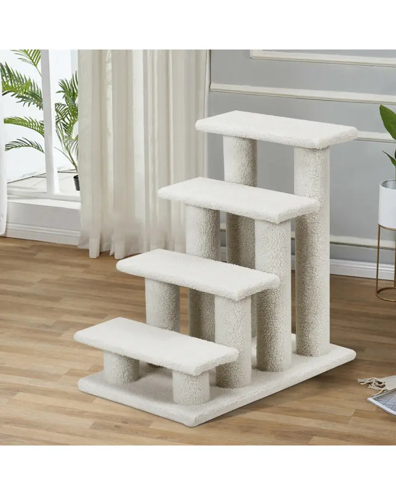4-Step Pet Stairs Carpeted Ladder Ramp Scratching Post Cat Tree Climber-Beige - Beige - Cat Trees Condos & Scratchers