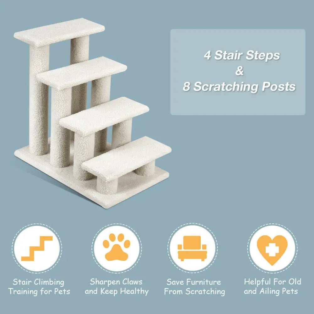 4-Step Pet Stairs Carpeted Ladder Ramp Scratching Post Cat Tree Climber-Beige - Beige - Cat Trees Condos & Scratchers