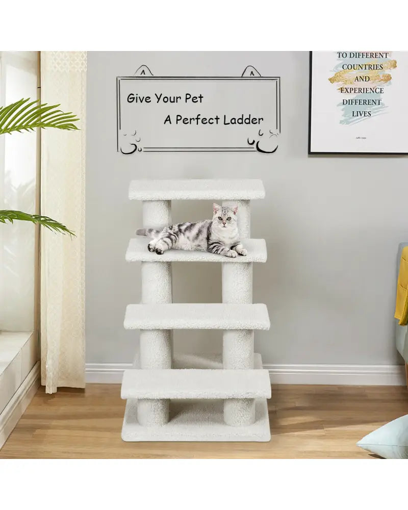 4-Step Pet Stairs Carpeted Ladder Ramp Scratching Post Cat Tree Climber-Beige - Beige - Cat Trees Condos & Scratchers