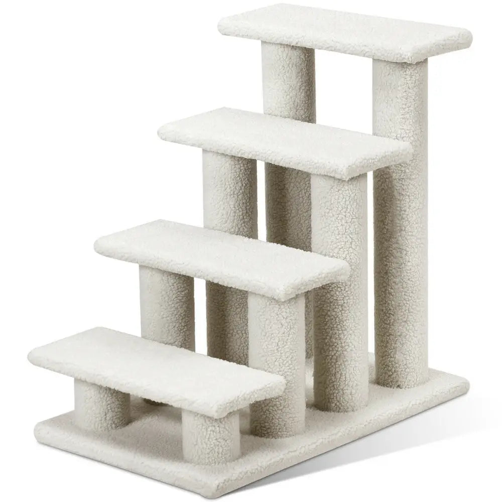 4-Step Pet Stairs Carpeted Ladder Ramp Scratching Post Cat Tree Climber - Beige - Cat Trees Condos & Scratchers