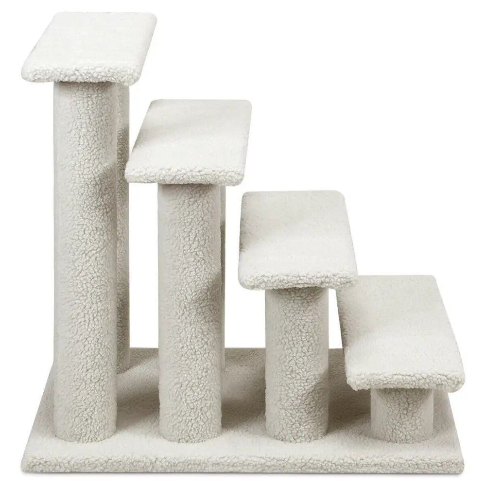 4-Step Pet Stairs Carpeted Ladder Ramp Scratching Post Cat Tree Climber - Beige - Cat Trees Condos & Scratchers