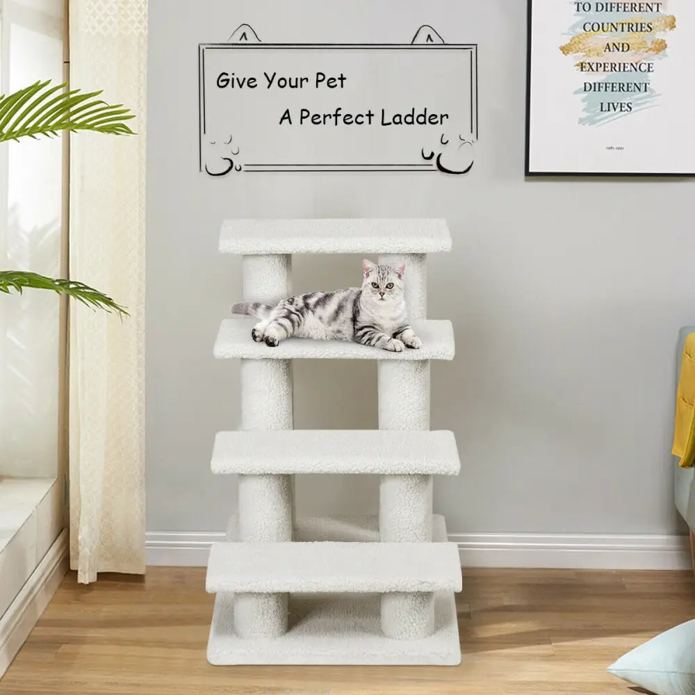 4-Step Pet Stairs Carpeted Ladder Ramp Scratching Post Cat Tree Climber - Beige - Cat Trees Condos & Scratchers