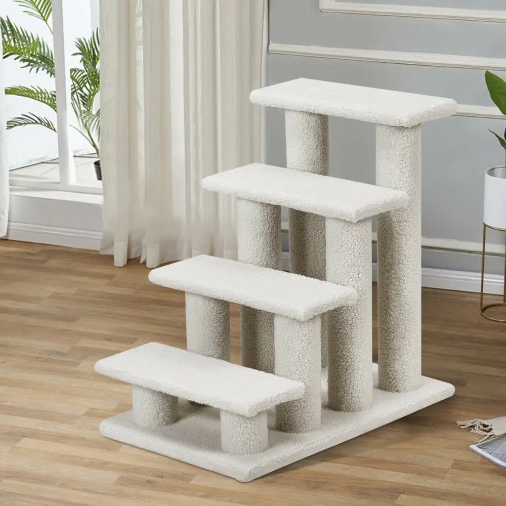 4-Step Pet Stairs Carpeted Ladder Ramp Scratching Post Cat Tree Climber - Beige - Cat Trees Condos & Scratchers