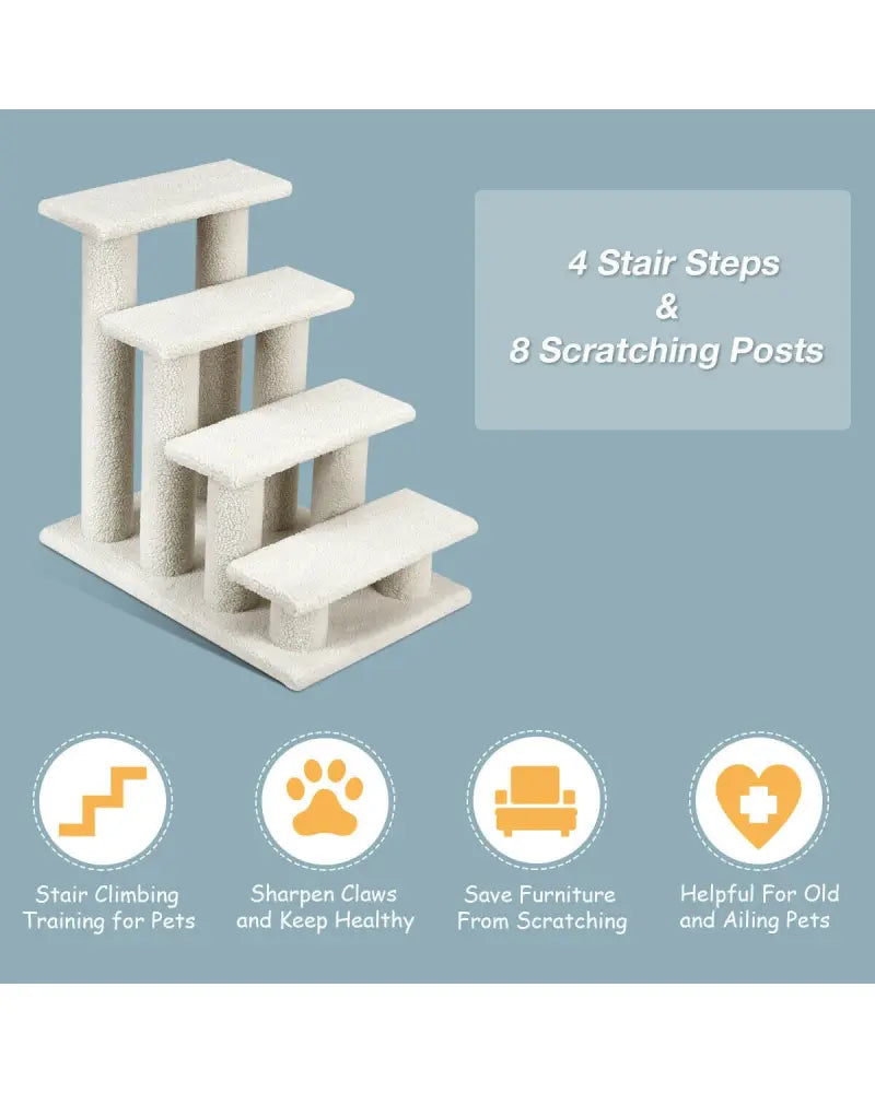 4-Step Pet Stairs Carpeted Ladder Ramp Scratching Post Cat Tree Climber-Beige - Beige - Cat Trees Condos & Scratchers