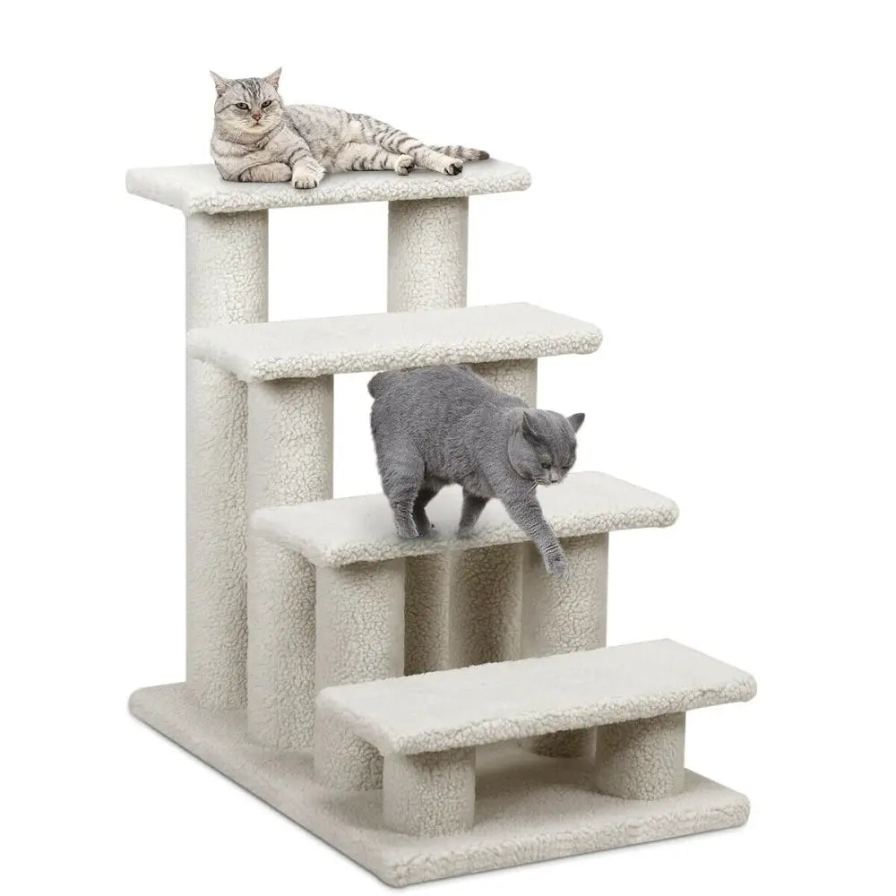 4-Step Pet Stairs Carpeted Ladder Ramp Scratching Post Cat Tree Climber - Beige - Cat Trees Condos & Scratchers