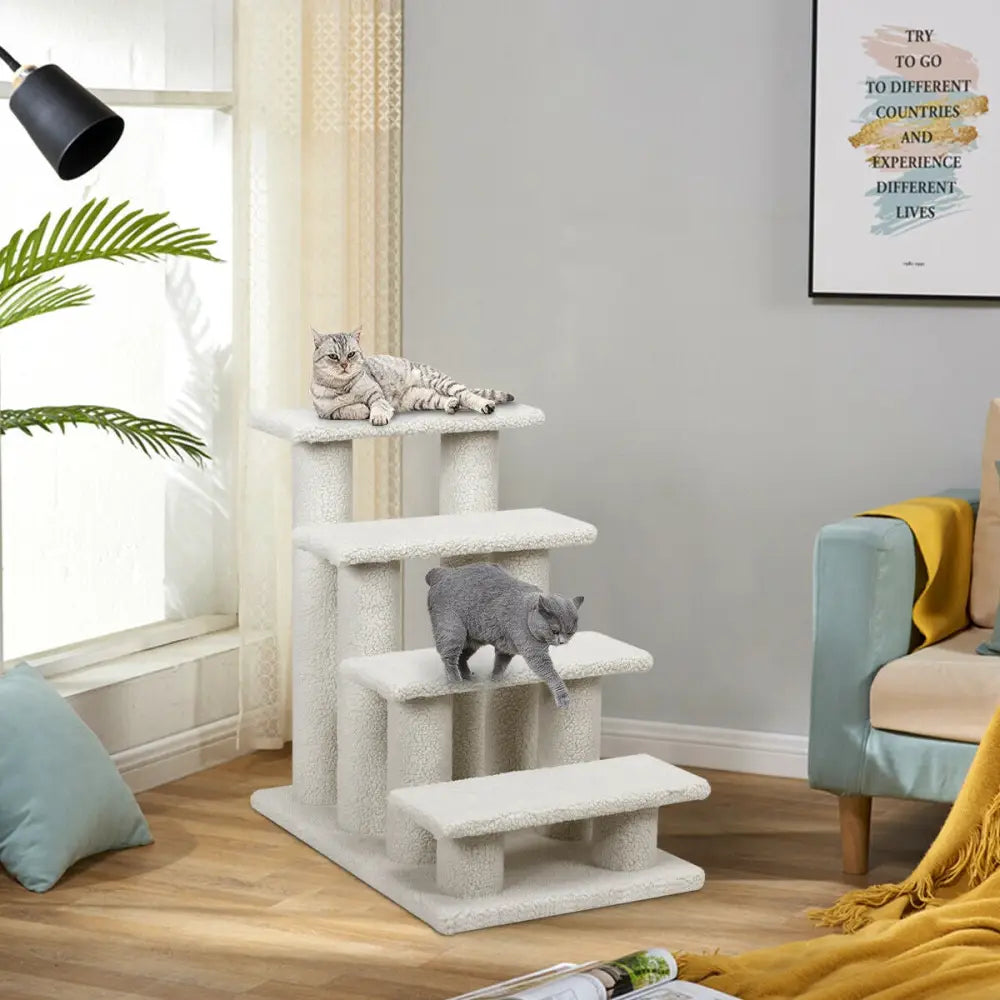 4-Step Pet Stairs Carpeted Ladder Ramp Scratching Post Cat Tree Climber - Beige - Cat Trees Condos & Scratchers