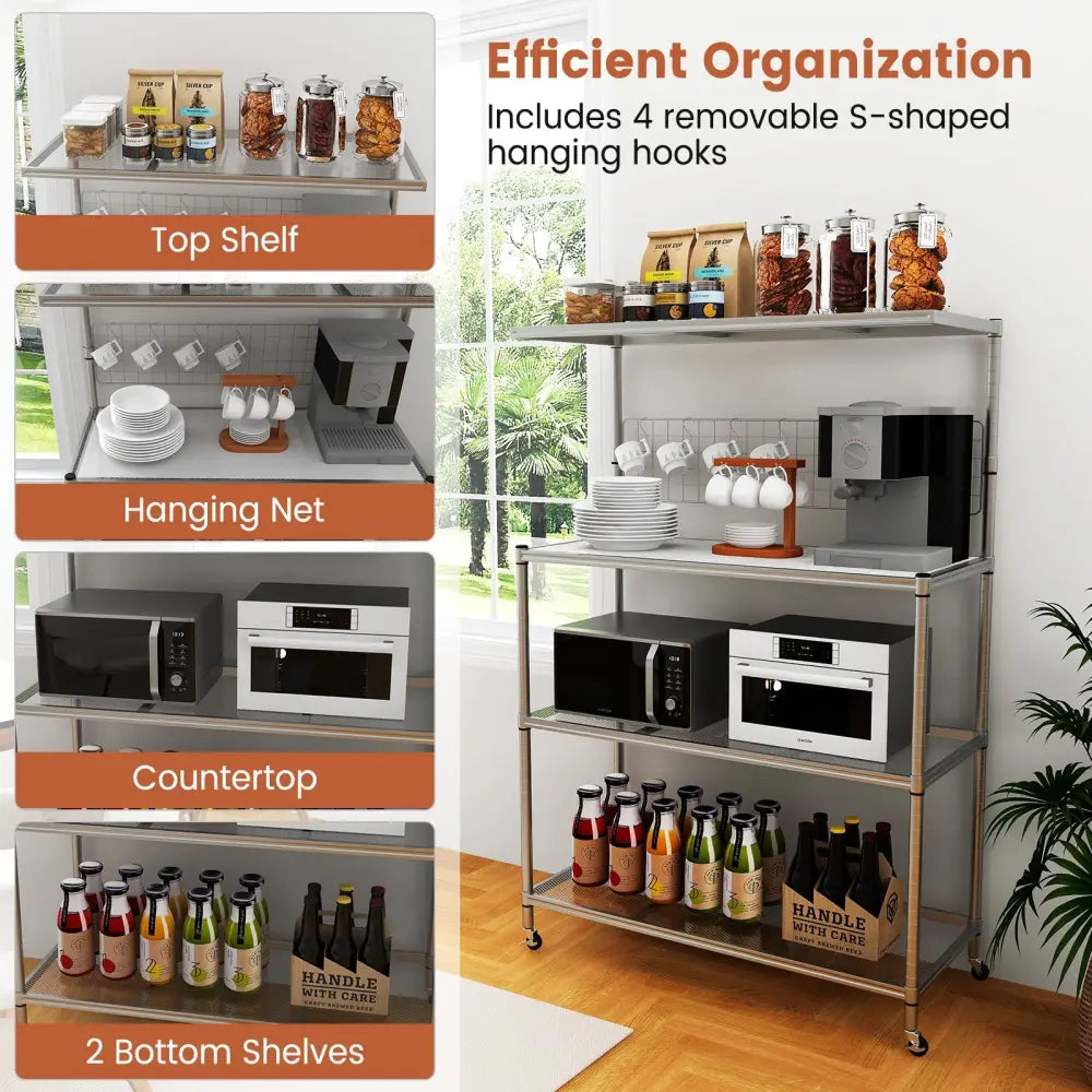 4-Tier Bakers Rack on Wheels with Adjustable Shelves-Silver - Silver - Baker’s Racks