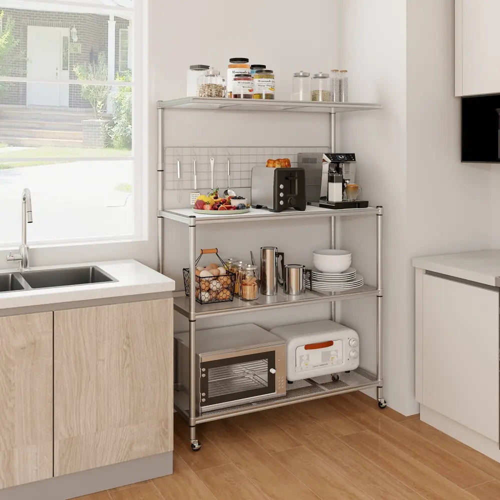 4-Tier Bakers Rack on Wheels with Adjustable Shelves-Silver - Silver - Baker’s Racks