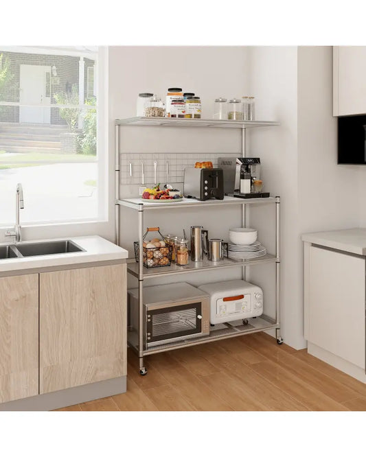 4-Tier Bakers Rack on Wheels with Adjustable Shelves-Silver - Silver - Baker’s Racks