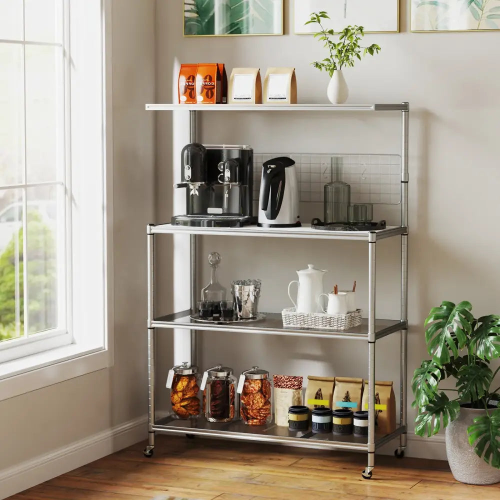4-Tier Bakers Rack on Wheels with Adjustable Shelves-Silver - Silver - Baker’s Racks