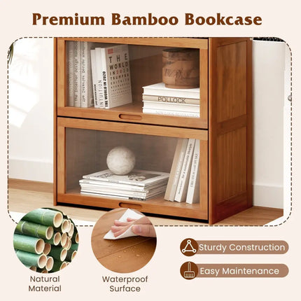 4-Tier Bamboo Bookcase with Doors for Study Room Living Room-Brown Costway