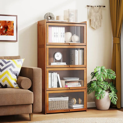 4-Tier Bamboo Bookcase with Doors for Study Room Living Room-Brown Costway