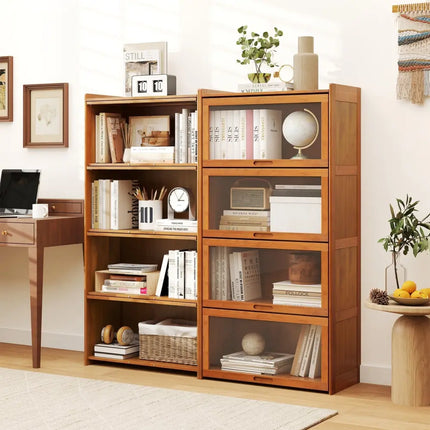 4-Tier Bamboo Bookcase with Doors for Study Room Living Room-Brown Costway
