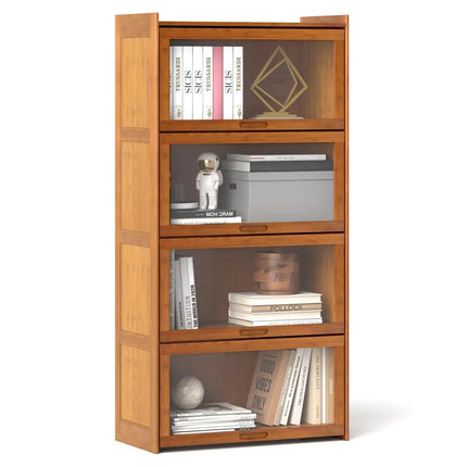 4-Tier Bamboo Bookcase with Doors for Study Room Living Room-Brown Costway