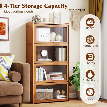 4-Tier Bamboo Bookcase with Doors for Study Room Living Room-Brown Costway