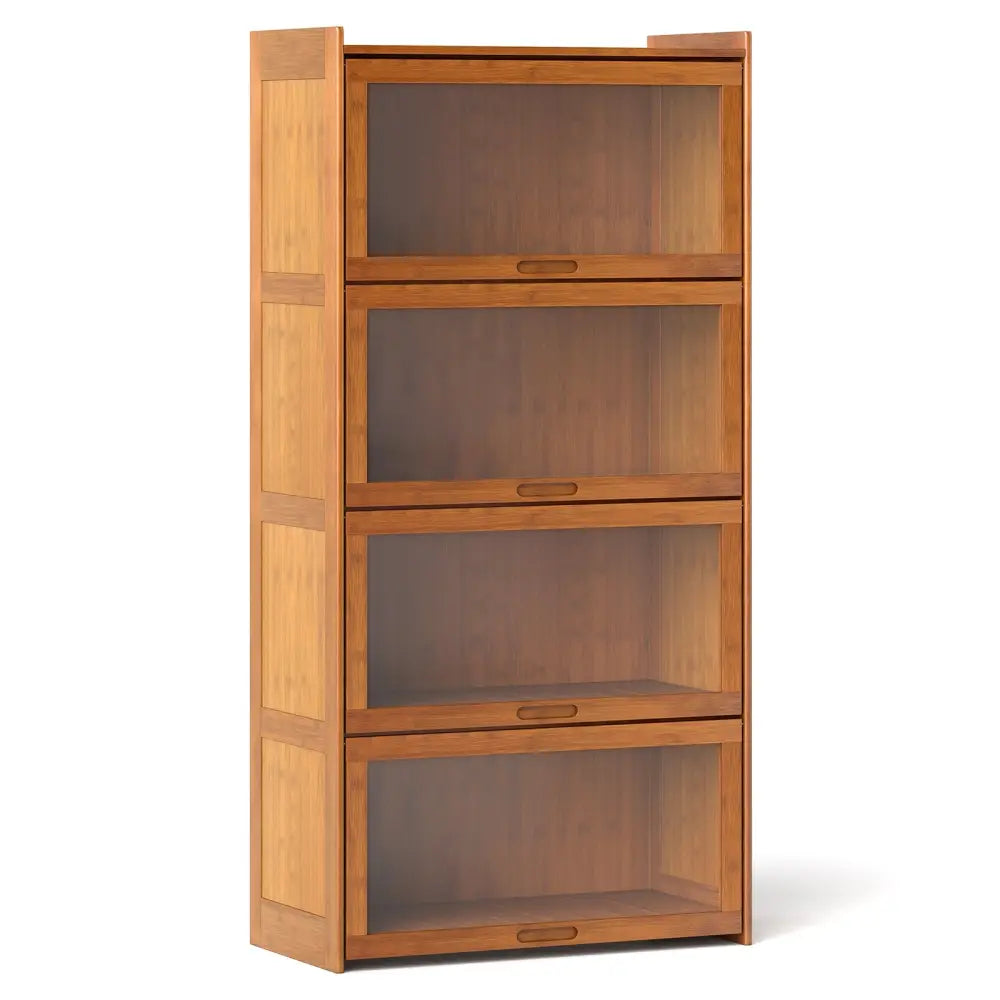 4-Tier Bamboo Bookcase with Doors for Study Room Living Room-Brown - Brown - Bookcases
