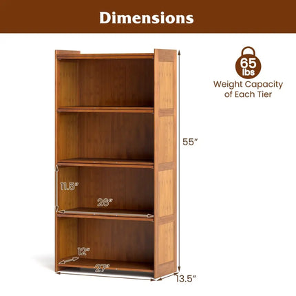 4-Tier Bamboo Bookcase with Doors for Study Room Living Room-Brown Costway