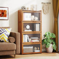 4-Tier Bamboo Bookcase with Doors for Study Room Living Room-Brown - Brown - Bookcases