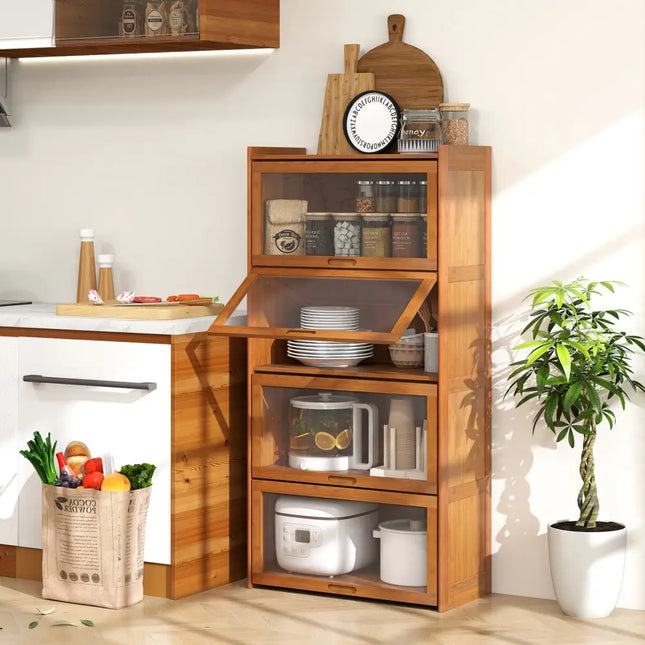 4-Tier Bamboo Bookcase with Doors for Study Room Living Room-Brown Costway