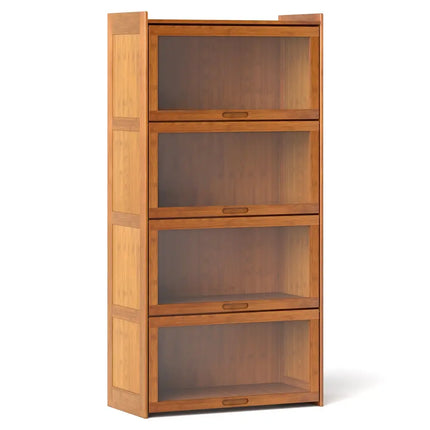 4-Tier Bamboo Bookcase with Doors for Study Room Living Room-Brown Costway