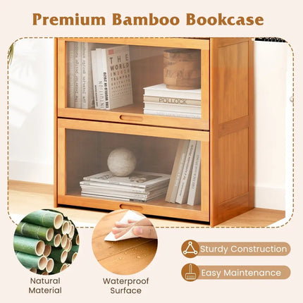 4-Tier Bamboo Bookcase with Doors for Study Room Living Room-Natural Costway