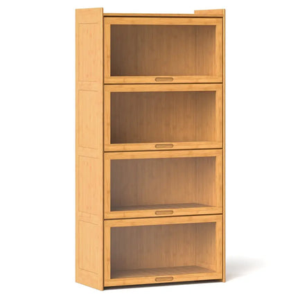 4-Tier Bamboo Bookcase with Doors for Study Room Living Room-Natural Costway