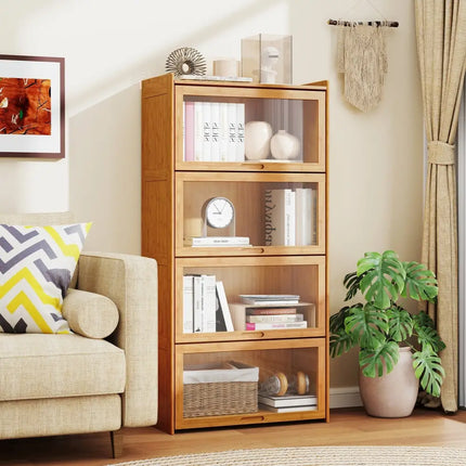 4-Tier Bamboo Bookcase with Doors for Study Room Living Room-Natural Costway