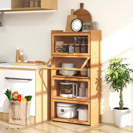 4-Tier Bamboo Bookcase with Doors for Study Room Living Room-Natural Costway