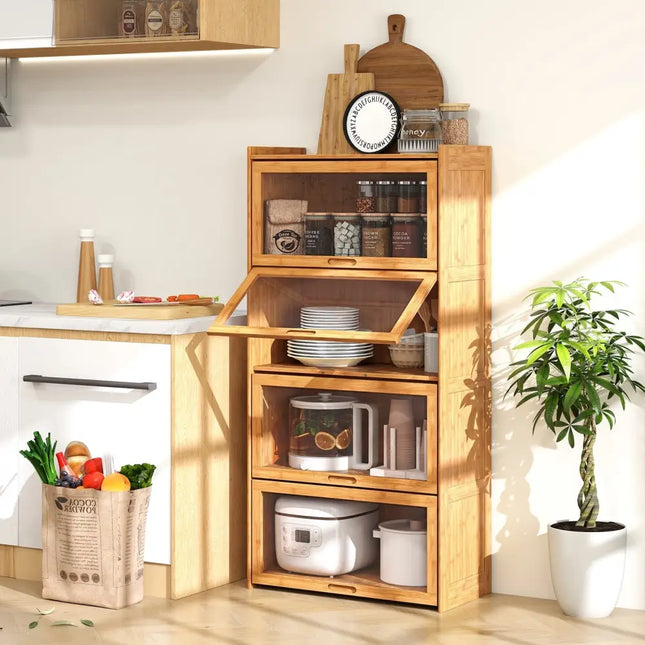 4-Tier Bamboo Bookcase with Doors for Study Room Living Room-Natural Costway