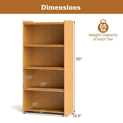4-Tier Bamboo Bookcase with Doors for Study Room Living Room-Natural Costway
