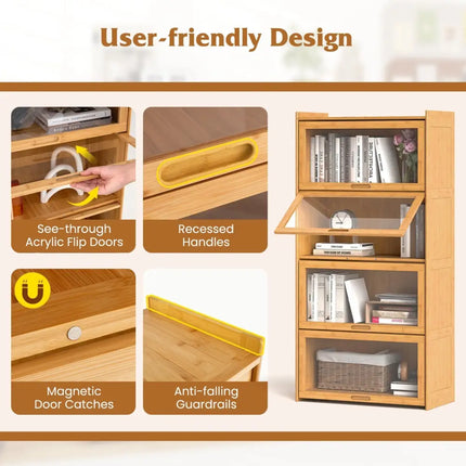 4-Tier Bamboo Bookcase with Doors for Study Room Living Room-Natural Costway
