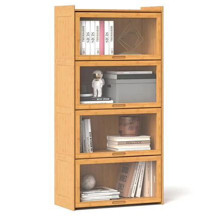 4-Tier Bamboo Bookcase with Doors for Study Room Living Room-Natural Costway