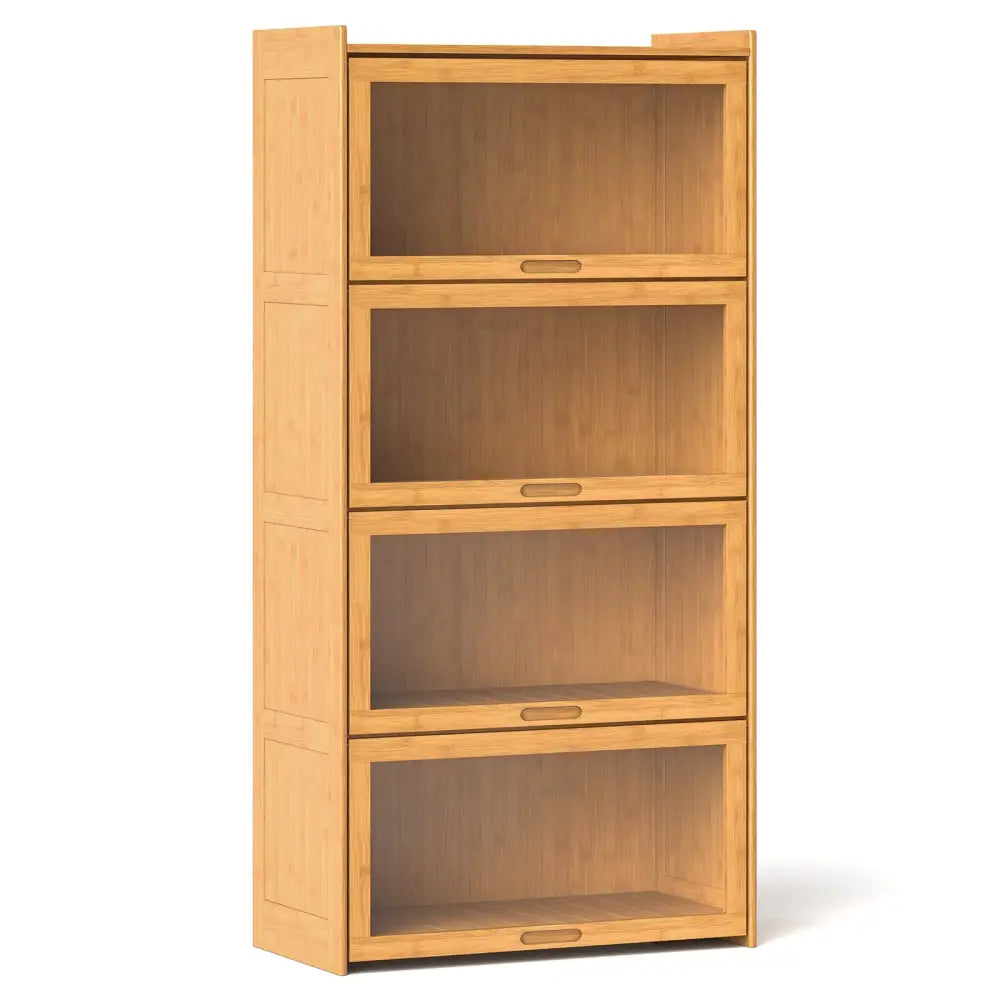 4-Tier Bamboo Bookcase with Doors for Study Room Living Room-Natural - Natural - Bookcases