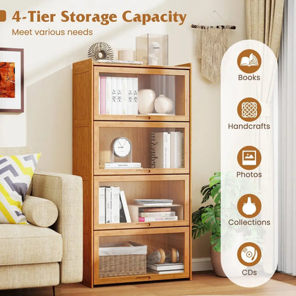 4-Tier Bamboo Bookcase with Doors for Study Room Living Room-Natural Costway