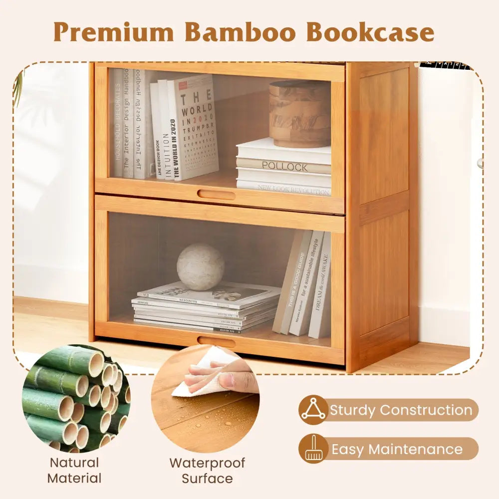 4-Tier Bamboo Bookcase with Doors for Study Room Living Room-Natural - Natural - Bookcases