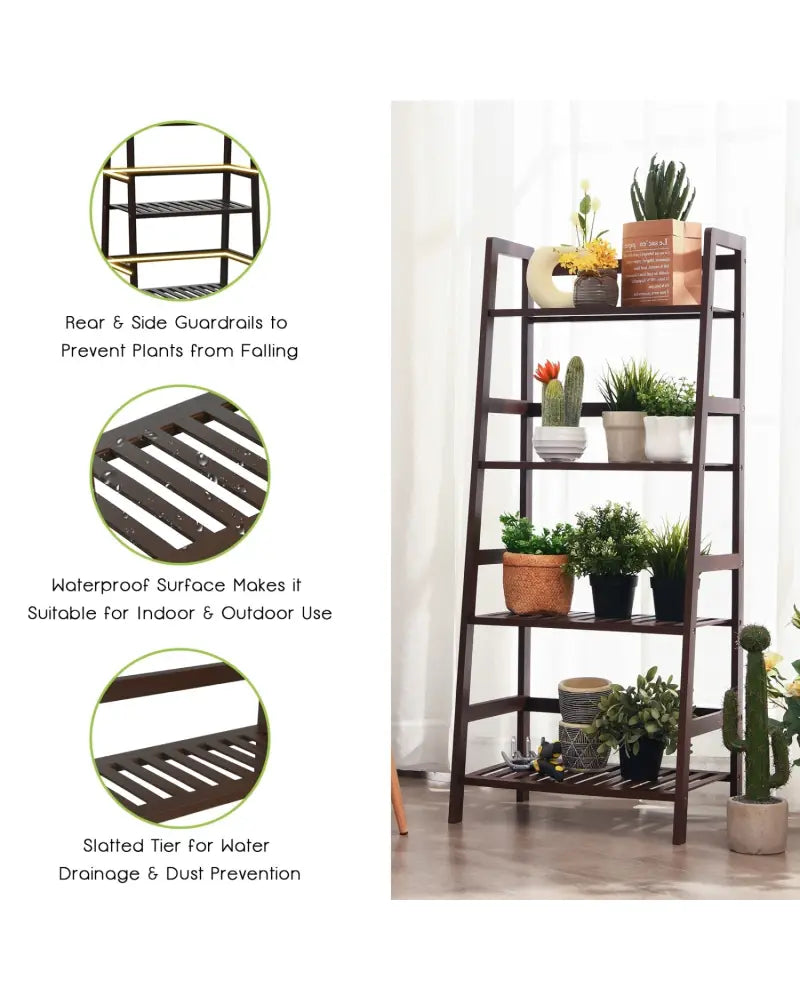 4-Tier Bamboo Plant Rack with Guardrails Stable and Space-Saving-Brown - Brown - Plant Stands