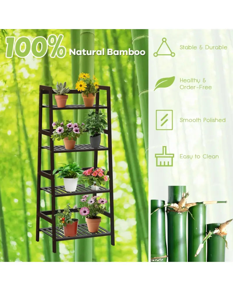 4-Tier Bamboo Plant Rack with Guardrails Stable and Space-Saving-Brown - Brown - Plant Stands