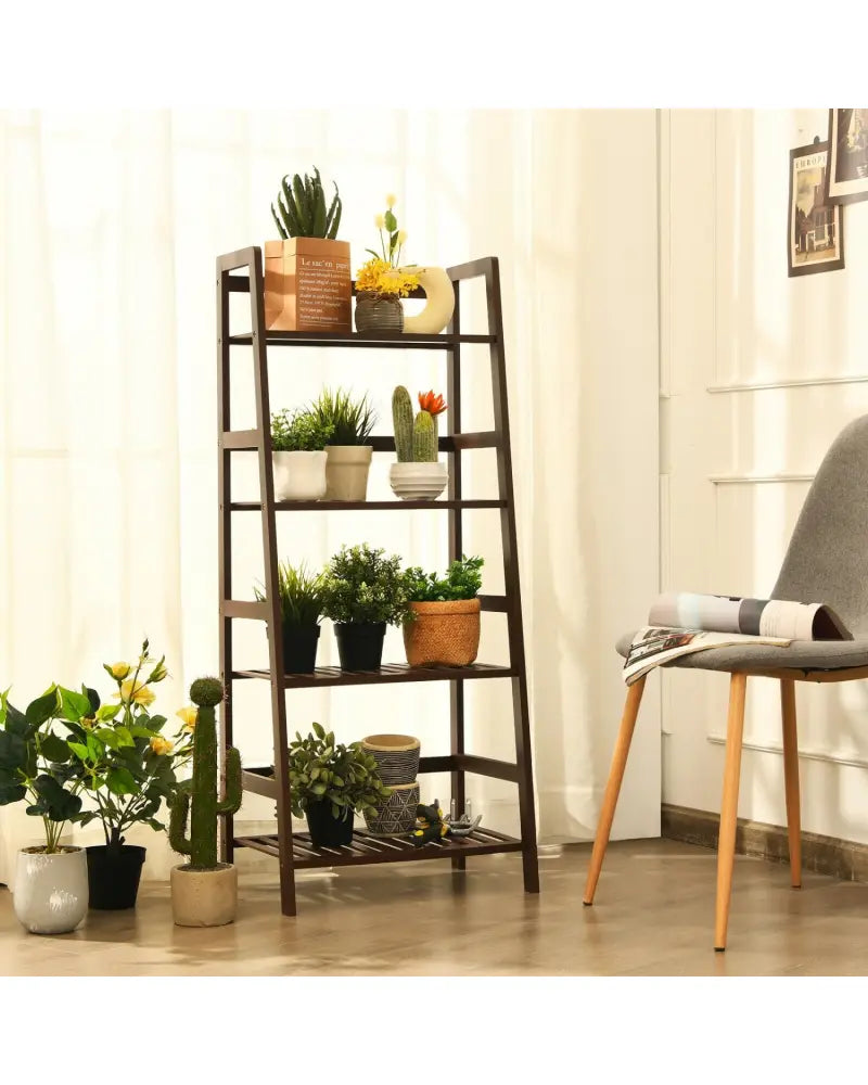 4-Tier Bamboo Plant Rack with Guardrails Stable and Space-Saving-Brown - Brown - Plant Stands