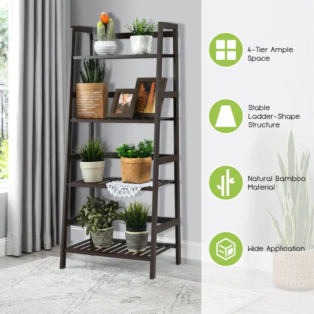 4-Tier Bamboo Plant Rack with Guardrails Stable and Space-Saving-Brown - Brown - Plant Stands